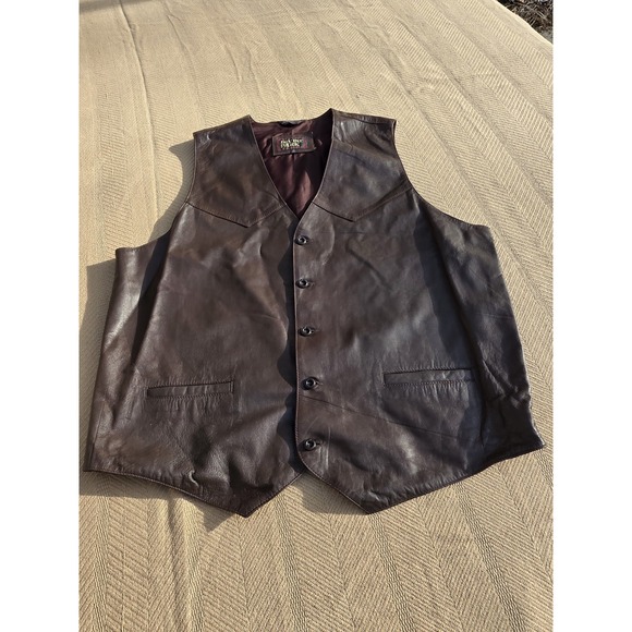 Vintage Irvine Park Brown Leather Vest‎ XL Tall Biker Harley Indian